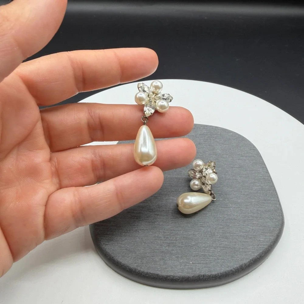 Faux Pearl Rhinestone Teardrop Dangle Earrings Bridal Coquette Statement Gift